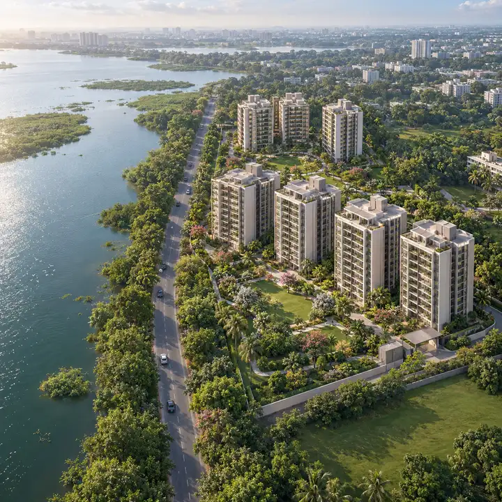 Adarsh Urbanite aerial view of seven towers in landscaped grounds across Bellandur Lake Road from the lake, artist's impression Adarsh Urbanite aerial view of seven towers in landscaped grounds across Bellandur Lake Road from the lake, artist's impression