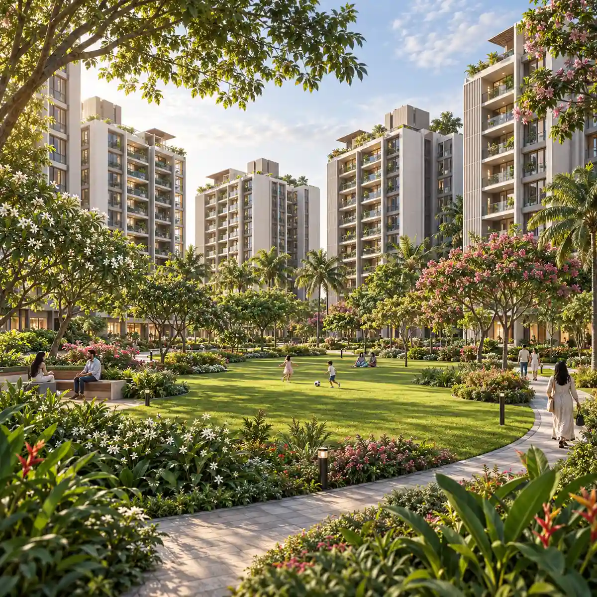 Adarsh Urbanite landscaped gardens and walking paths between the towers, artist's impression