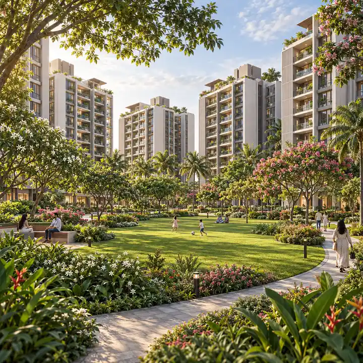 Adarsh Urbanite landscaped gardens and walking paths between the towers, artist's impression Adarsh Urbanite landscaped gardens and walking paths between the towers, artist's impression