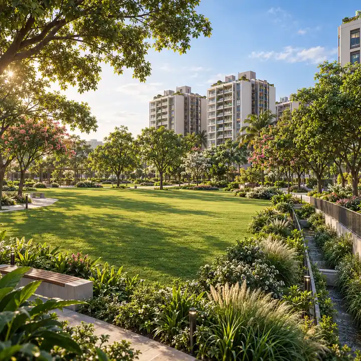 Adarsh Urbanite park with lawns and trees beside the planted drain buffer, artist's impression Adarsh Urbanite park with lawns and trees beside the planted drain buffer, artist's impression